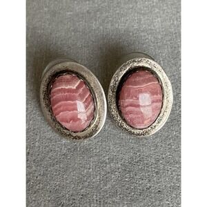 Stamped Marked Sterling Silver Rhodochrosite Cabachon Oval Earrings Vintage